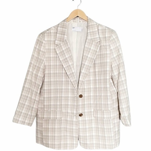 ASOS Design Oversized Blazer Cream Tan Plaid Boyfriend Jacket Size 12P 12 Petite - Picture 3 of 9